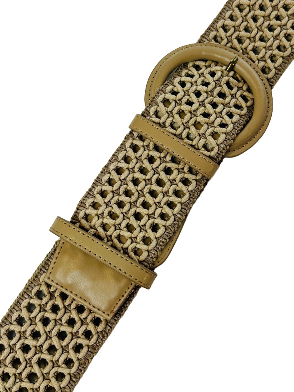 The Limited Woven Raffia Wide Belt with Round Buckle - Tan Stretch